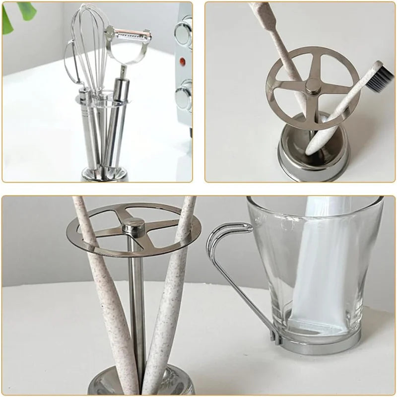 Stylish Multi-Function Stainless Steel Bathroom Accessories Set - Toothbrush Holder & Makeup Brush Organizer
